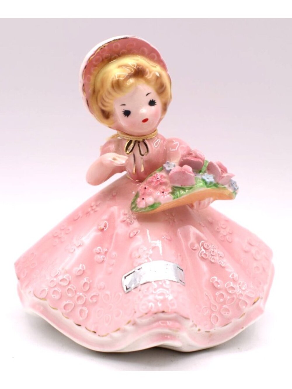 Josef Originals May Birthday Doll Pink Ceramic Figurine Girl Floral Bonnet Dress